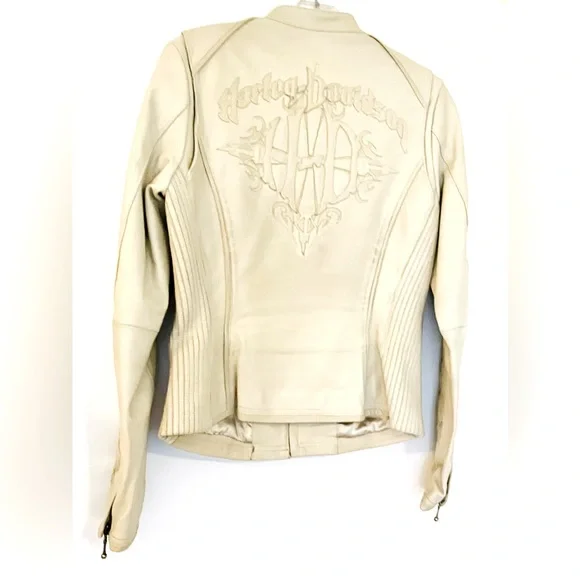 100% GENUINE LEATHER CREAM HARLEY DAVIDSON BIKER MOTO JACKET SIZE SMALL - Picture 4 of 7